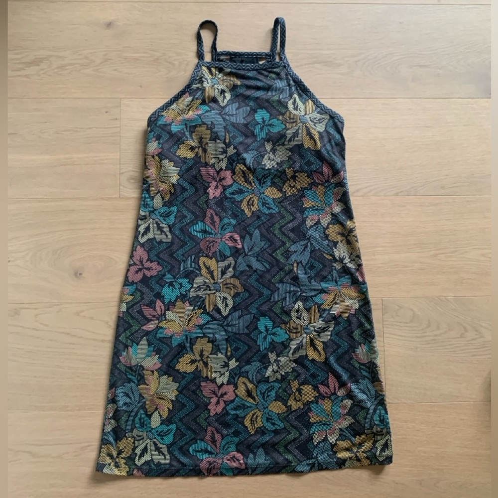 Prana Hawaiian Tropical Floral Dress Small Island Resort Vacation Print Black